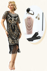 Schwarze Pailletten Fransen Kappenärmel Kleid aus den 1920er Jahren mit Accessoires Set